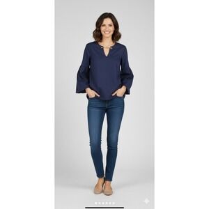 MICHAEL KORS Navy Blue Bell Sleeve V-Neck Chain Detail Blouse Top Size Medium